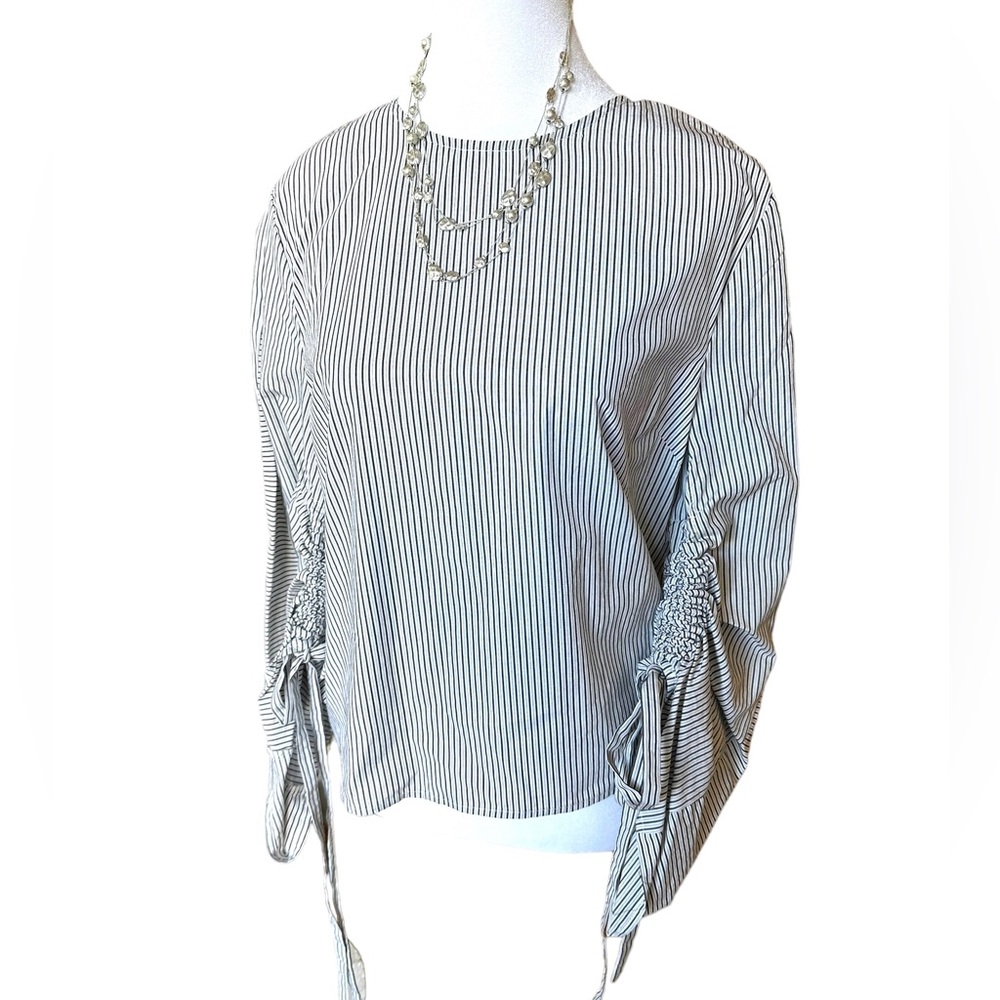Sunday in Brooklyn Striped Shirt w Ruched Puff Sleeves & Ribbon Ties Size Medium